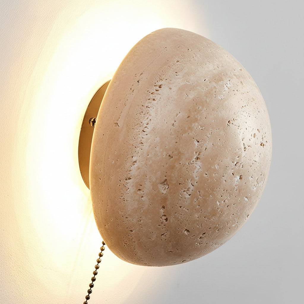 Freyza - Travertine Stone Wall Sconce – Japanese Wabi-Sabi Round LED Wall Lamp (15W, Warm White)