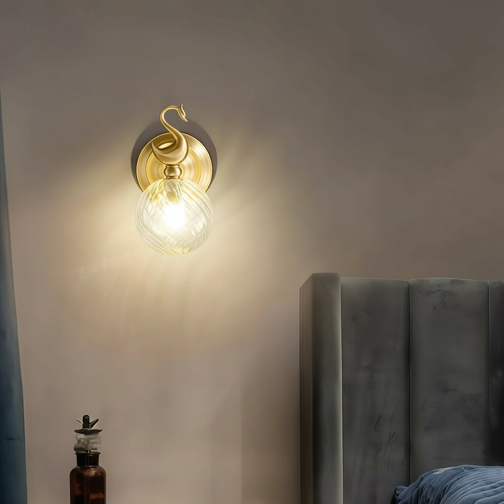 Freyza - LED Wall Sconce – Swan Motif Brass Swirl Glass G9 (23cm / 9in)