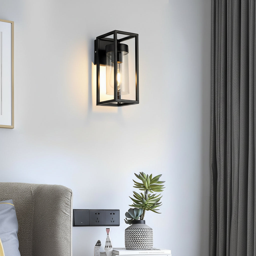 Freyza - LED Wall Sconce Light – Modern Rectangular Iron Glass Black (28x13cm / 11x5in)