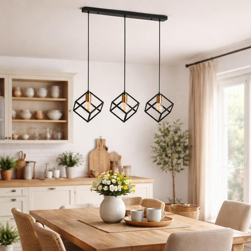 Freyza – Alessio 3-Light Black & Gold Cube Pendant Ceiling Light | Adjustable Metal LED Compatible Fixture