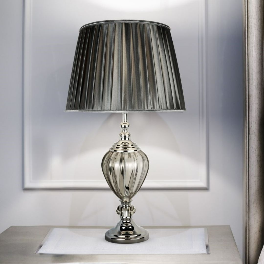 Freyza – Table Lamp | Grey Fabric Shade with Brushed Nickel Base Indoor Lighting Fixture