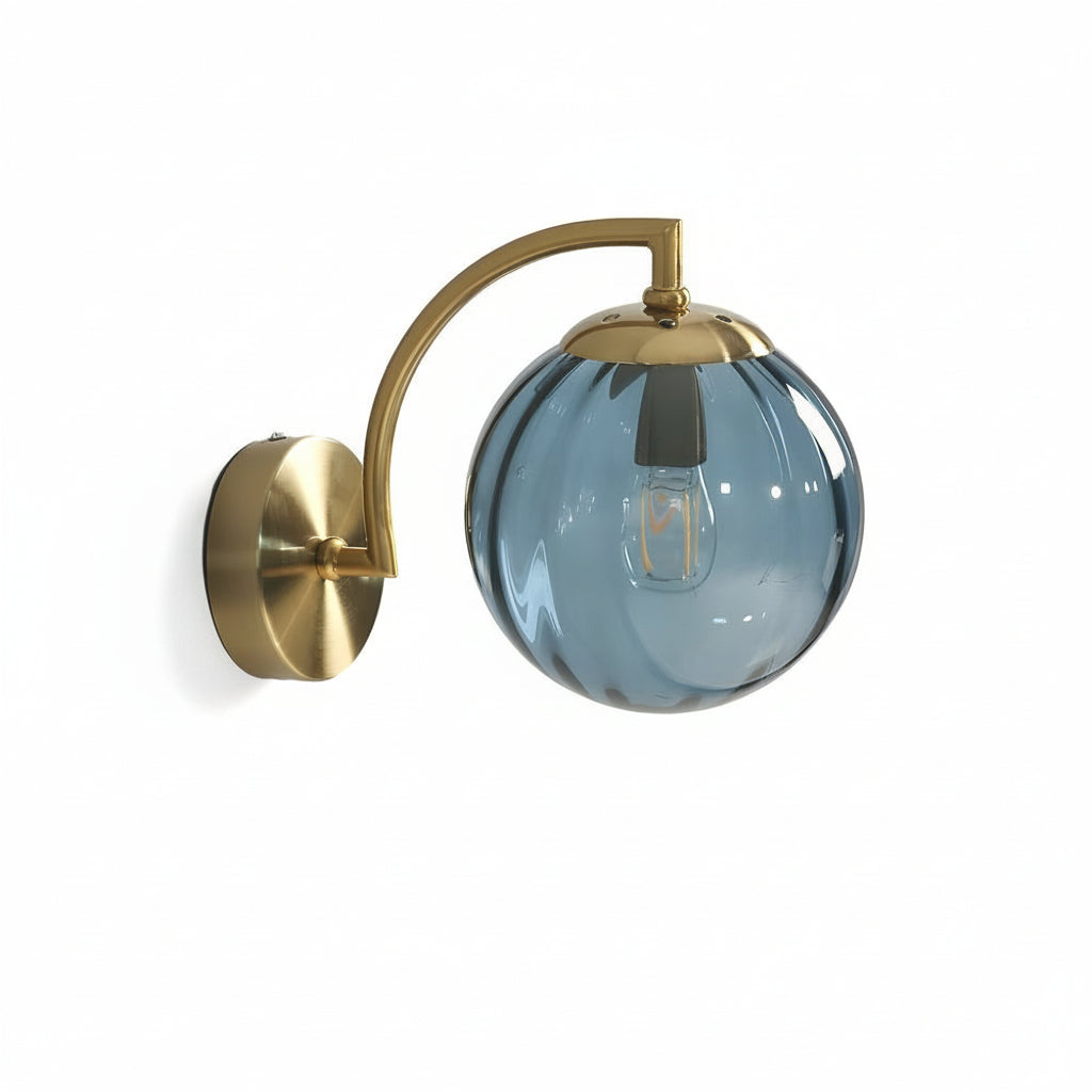 Freyza - LED Wall Sconce Light – Modern Curved Arm Ribbed Glass Globe (26x15cm / 10.2x5.9in)