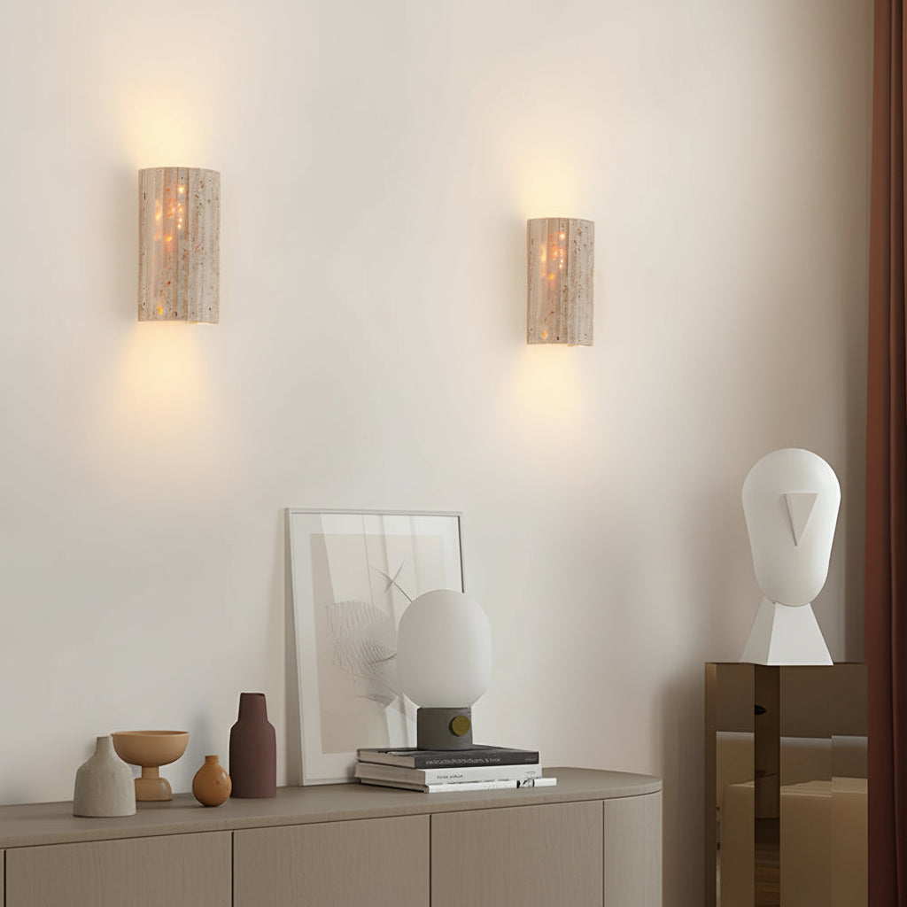 Freyza - LED Wall Sconce Light – Modern Minimalist Natural Travertine Stone (16.5x9cm / 6.5x3.5in)