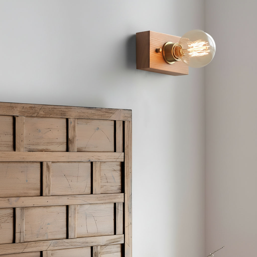 Freyza - Mid-Century Walnut Wood Wall Sconce – Vintage Bedside Wall Lamp with Pull Chain (E27)