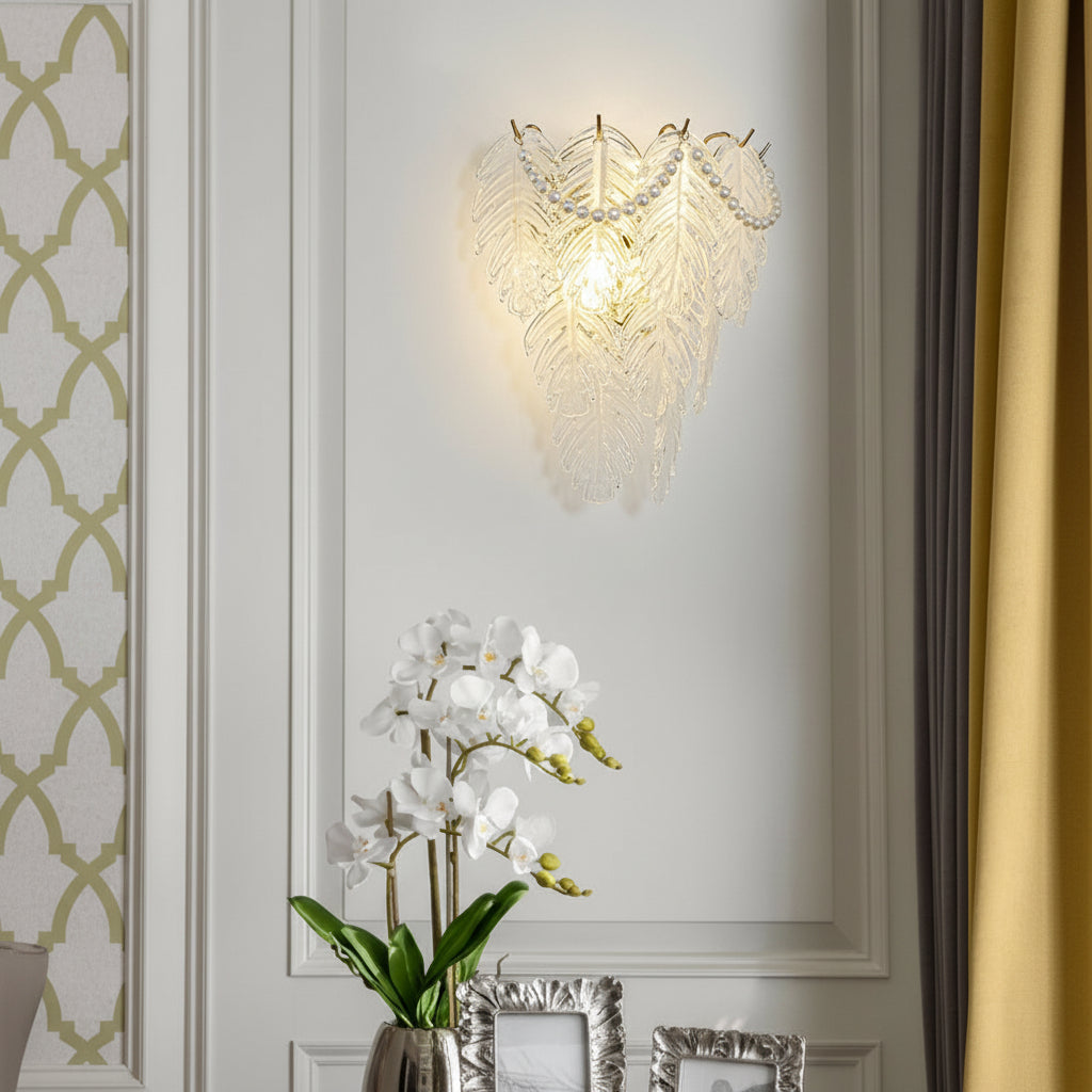 Freyza - Glass Wall Sconce – French Leaf Feather Pearl Gold (E14 Dimming & 31x34cm)