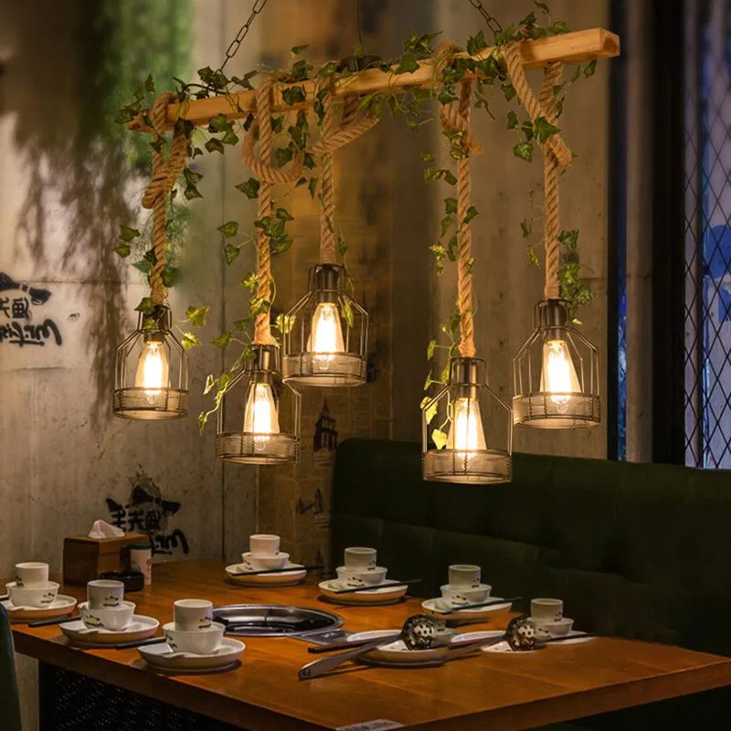 Freyza | Suspension en bois vintage à 5 lumières Epoch Caged – Cuisine et salle à manger vintage