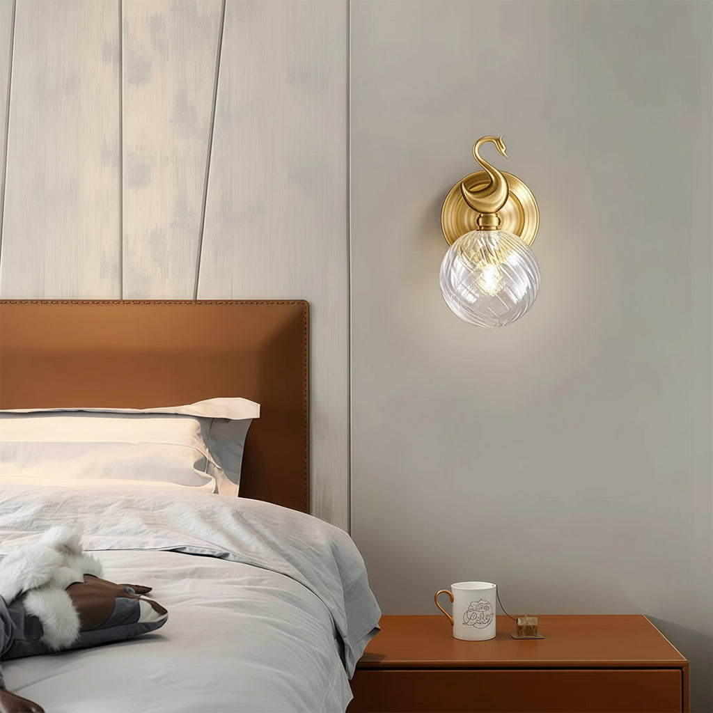 Freyza - LED Wall Sconce – Swan Motif Brass Swirl Glass G9 (23cm / 9in)