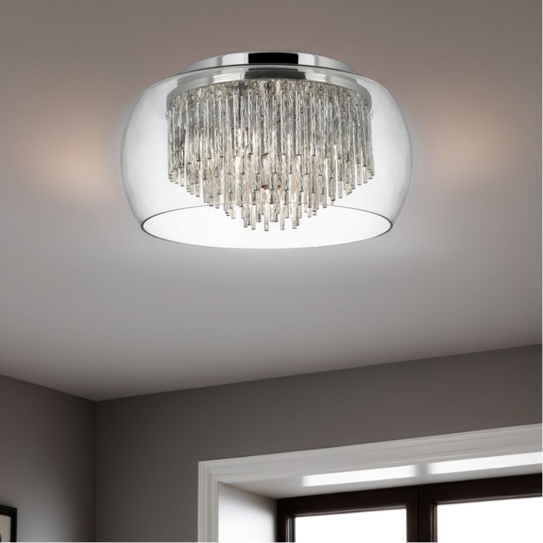 Freyza – Curva 4-Light Chrome & Glass Flush Ceiling Light | Metal & Clear Glass Indoor Light Fixture