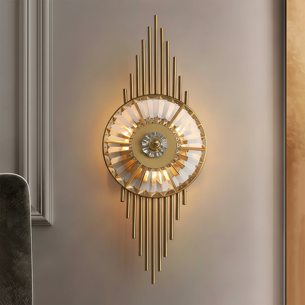 Freyza - LED Wandleuchte – Art Deco Sonnenstrahl Kristall Messing (65x25cm / 25.6x10in)