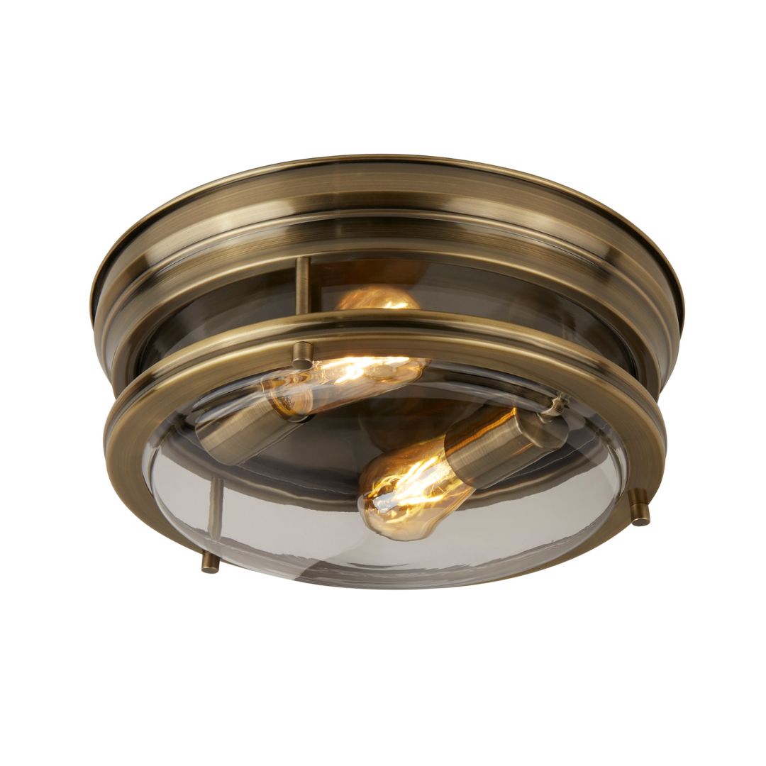 Freyza – Plafonnier compact à 2 lumières en laiton antique et verre transparent IP44, Glasgow