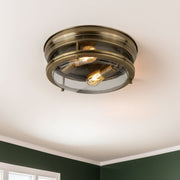 Freyza – Plafonnier compact à 2 lumières en laiton antique et verre transparent IP44, Glasgow