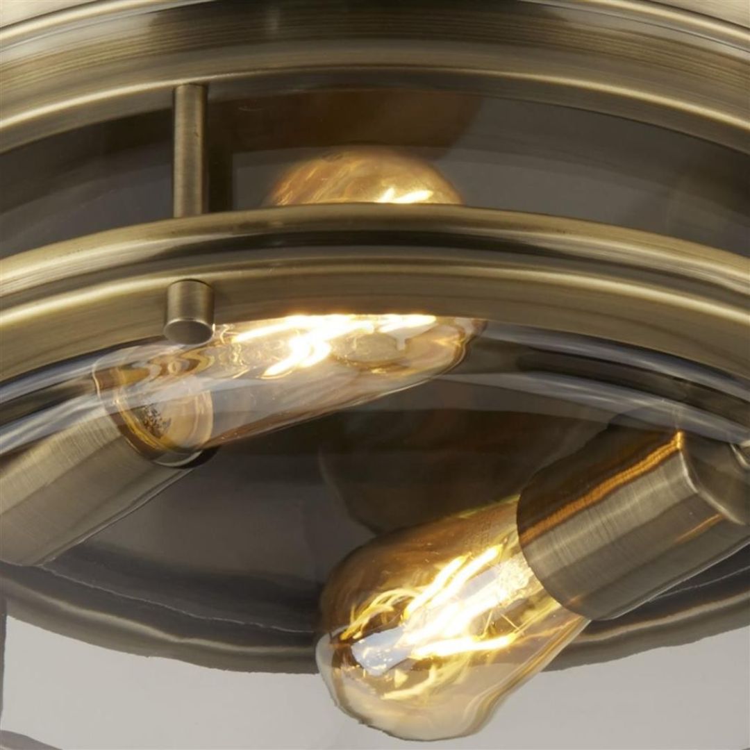 Freyza – Plafonnier compact à 2 lumières en laiton antique et verre transparent IP44, Glasgow
