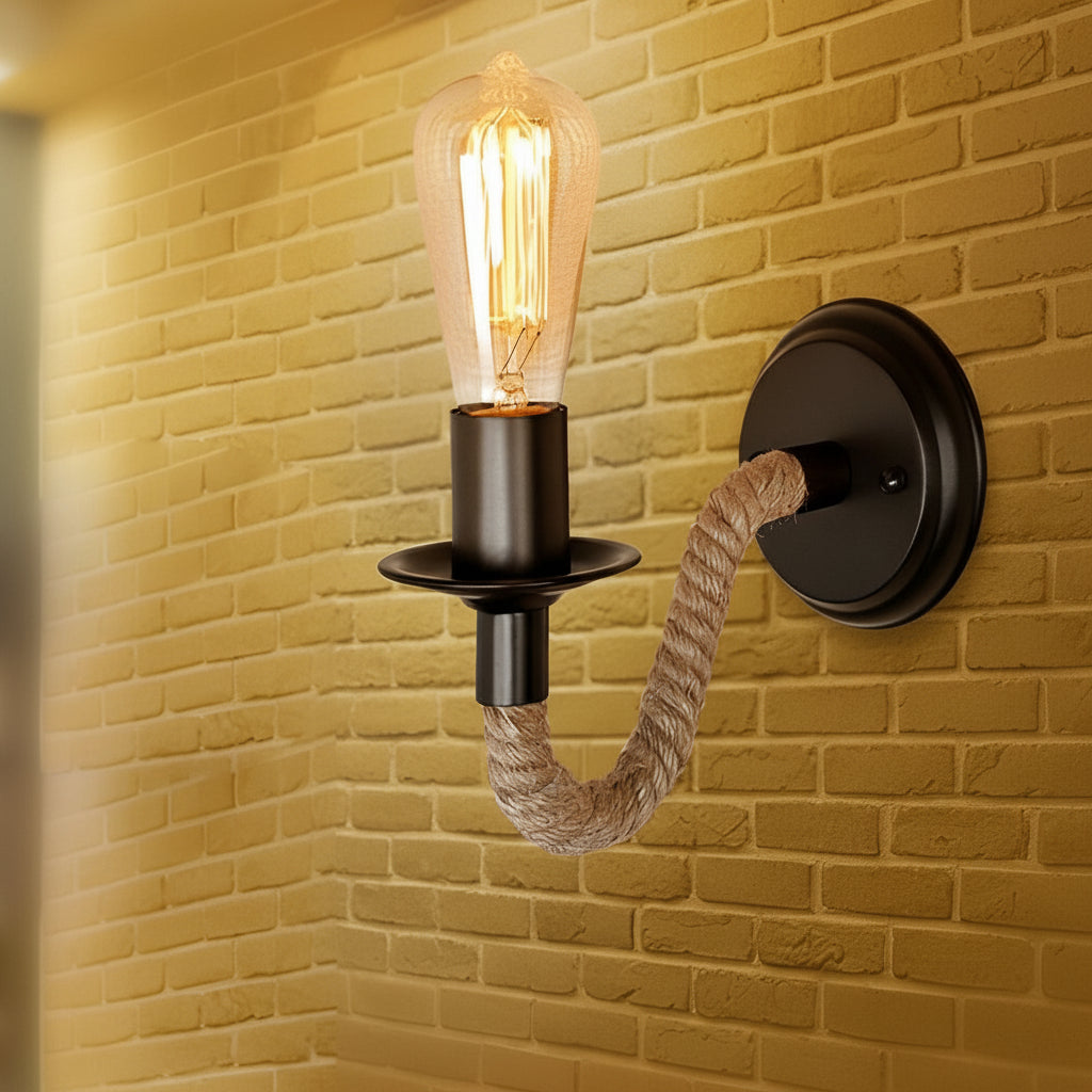 Freyza - Industrial Wall Sconce – Retro Rope Hand-Woven Iron Vintage (E27 & 25x15cm)