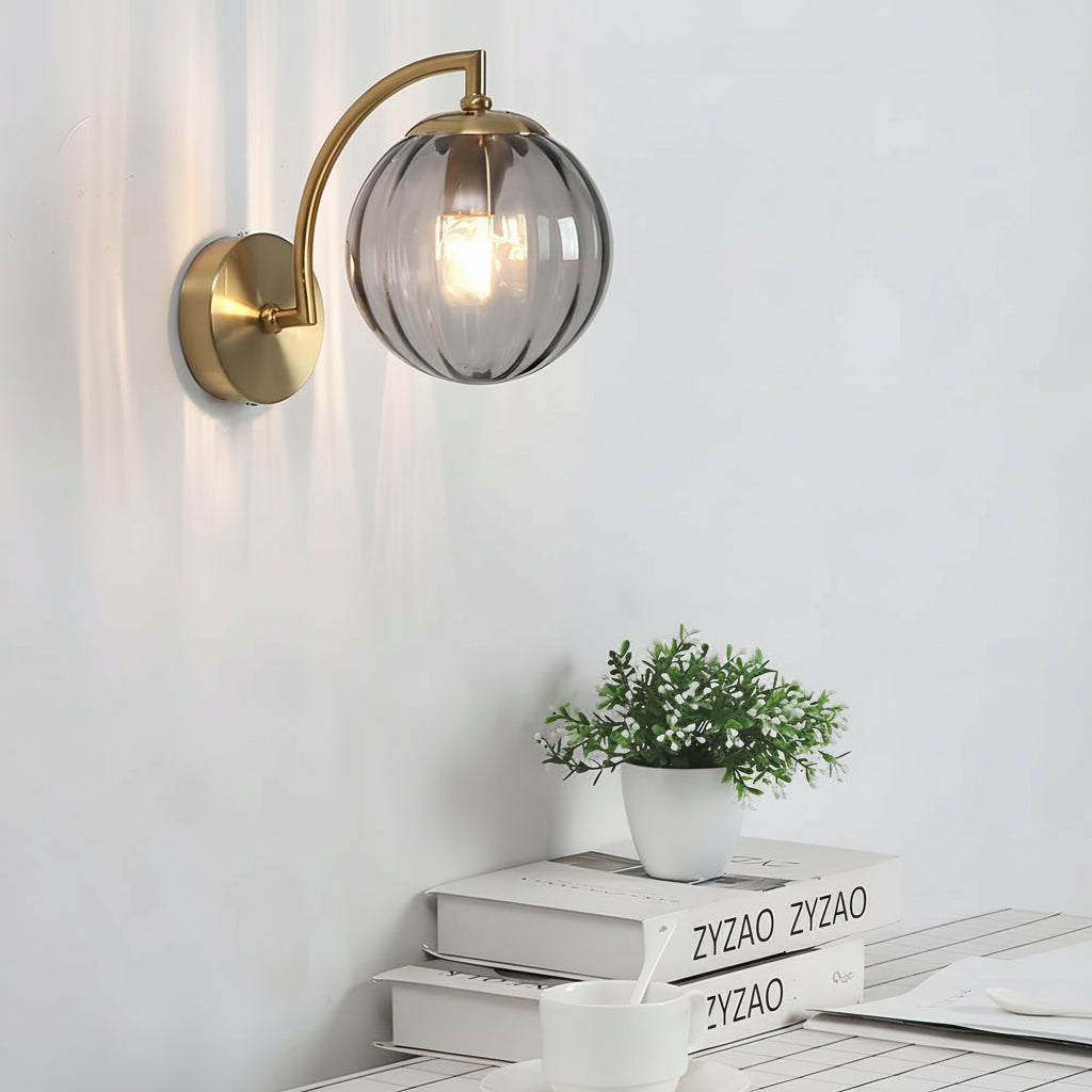Freyza - LED Wall Sconce Light – Modern Curved Arm Ribbed Glass Globe (26x15cm / 10.2x5.9in)