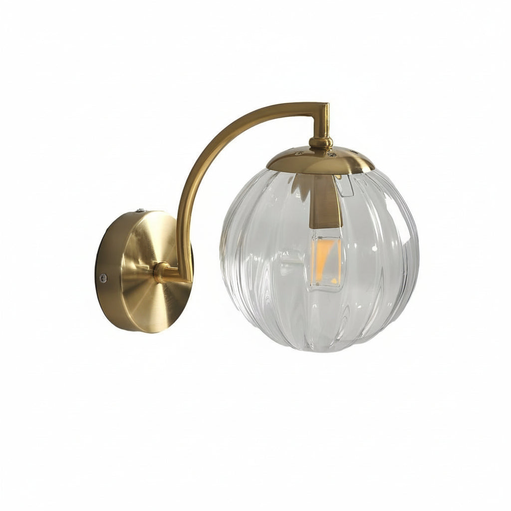 Freyza - LED Wall Sconce Light – Modern Curved Arm Ribbed Glass Globe (26x15cm / 10.2x5.9in)