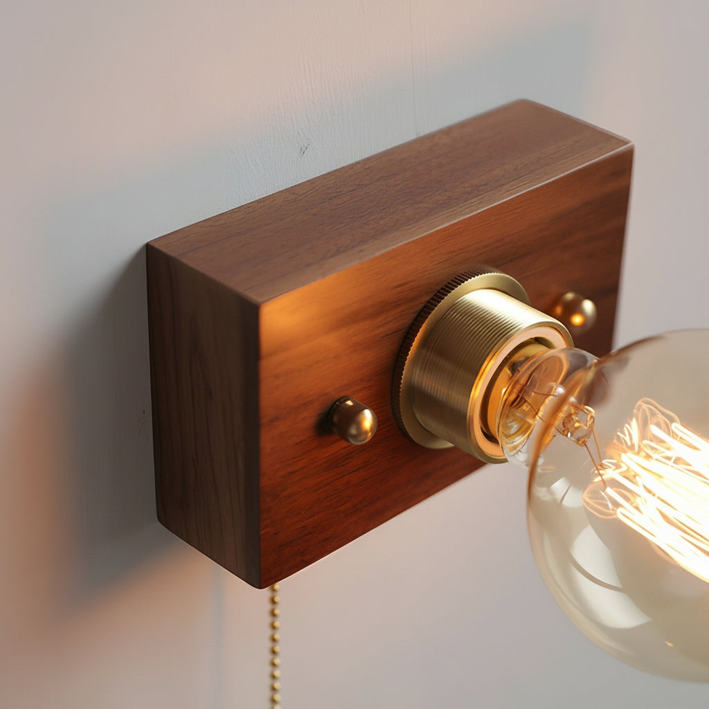 Freyza - Mid-Century Walnut Wood Wall Sconce – Vintage Bedside Wall Lamp with Pull Chain (E27)