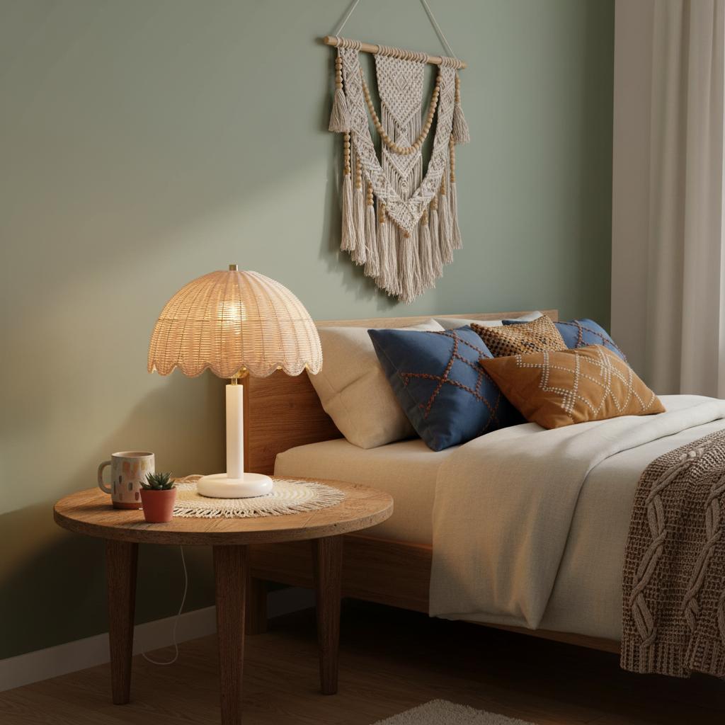 Freyza | Tischlampe aus Rattan und Holz – Nachttischlampe fürs Schlafzimmer