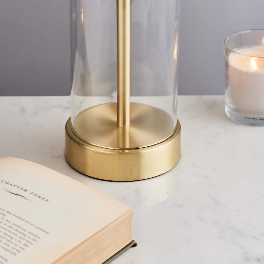 Freyza - Gold & Glass Touch Table Lamp | Dimmable 3-Stage Sensor Light | Elegant Brushed Gold Base with Vintage White Shade