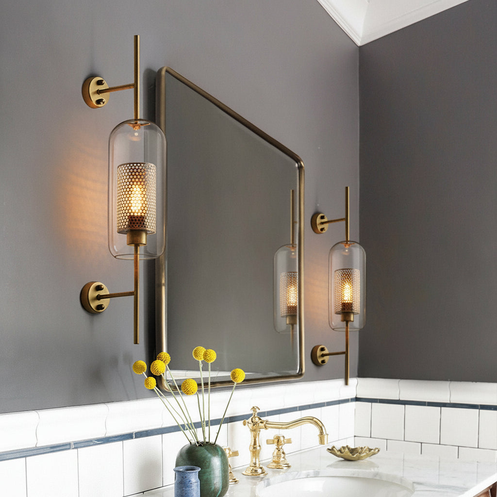 Freyza - Industrial Wall Sconce – Retro Glass Tank Antique Bronze Corridor Light (Clear Glass & 15-46cm)