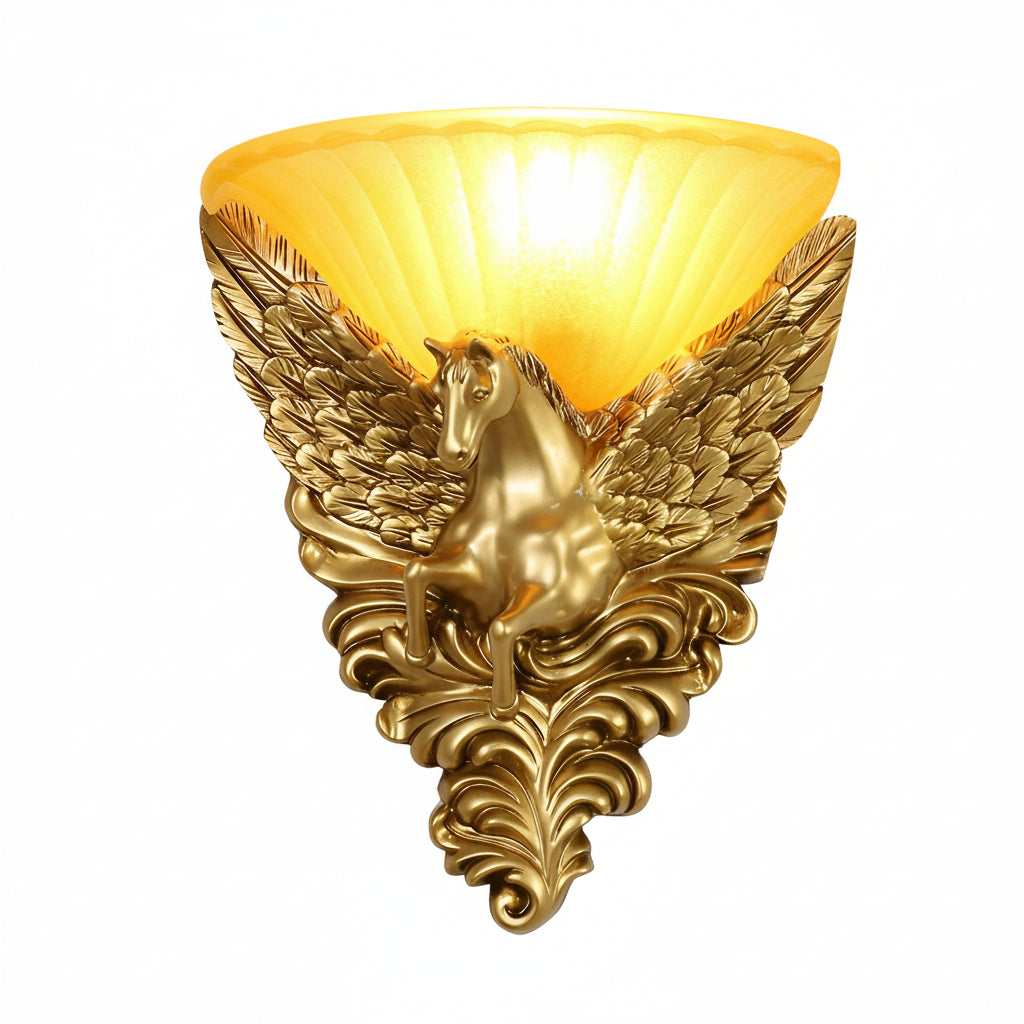 Freyza - LED Wall Sconce Light – Luxury Gold Horse Head Retro Resin (37x33.5cm / 14.6x13.2in)