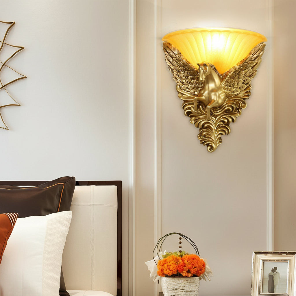 Freyza - LED Wall Sconce Light – Luxury Gold Horse Head Retro Resin (37x33.5cm / 14.6x13.2in)