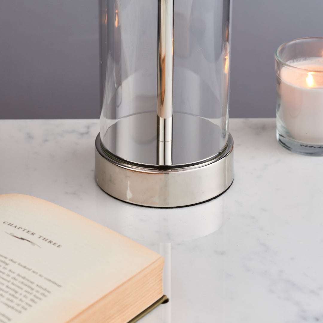 Freyza - Polished Nickel & Glass Touch Table Lamp | Dimmable 3-Stage Sensor Light | Sleek Silver Base with Classic White Fabric Shade