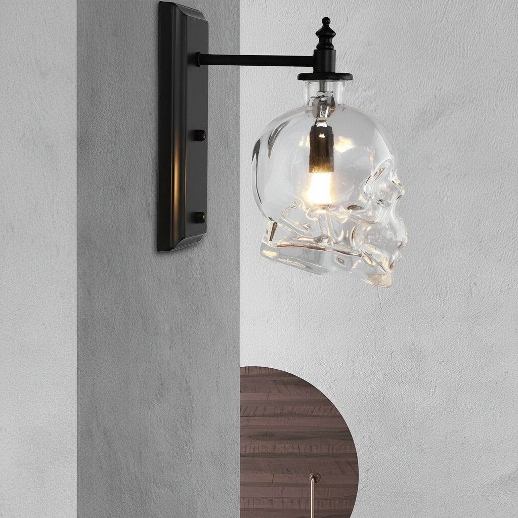 Freyza - Gothic Glass Skull Wall Sconce – Industrial Retro Iron Wall Lamp & Art Decor (E14)