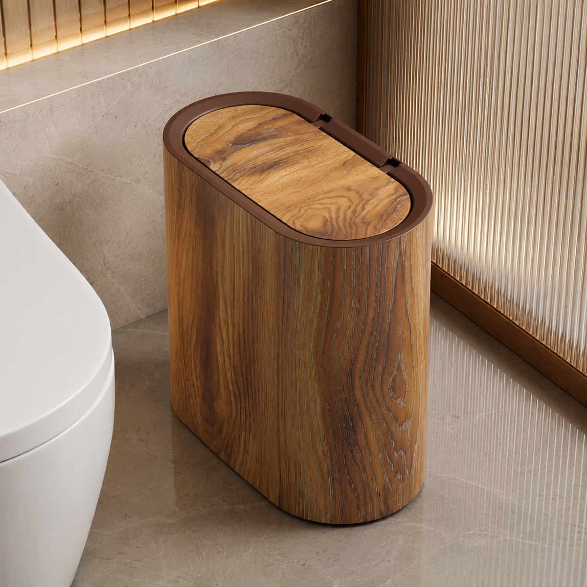 Trash Can with Lid, Marble Finish | Oval Slim Bathroom & Kitchen Bin