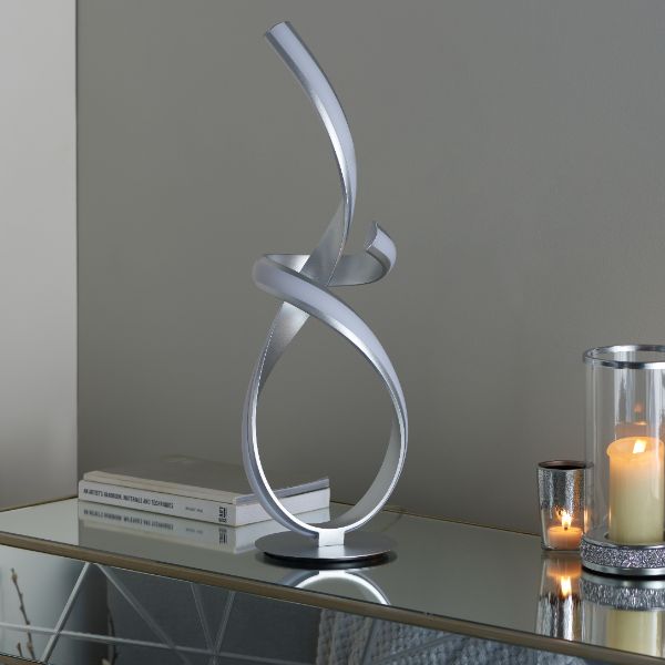 Freyza - LED Table Lamp | Modern Swirling Matt Silver Base | Contemporary Warm White Integrated Light for Living Rooms & Hallways