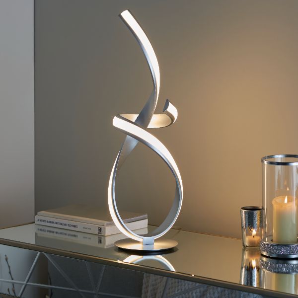 Freyza - LED Table Lamp | Modern Swirling Matt Silver Base | Contemporary Warm White Integrated Light for Living Rooms & Hallways