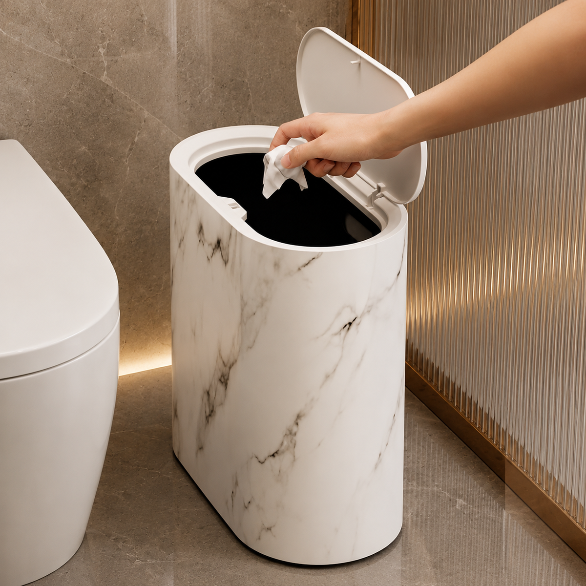 Trash Can with Lid, Marble Finish | Oval Slim Bathroom & Kitchen Bin