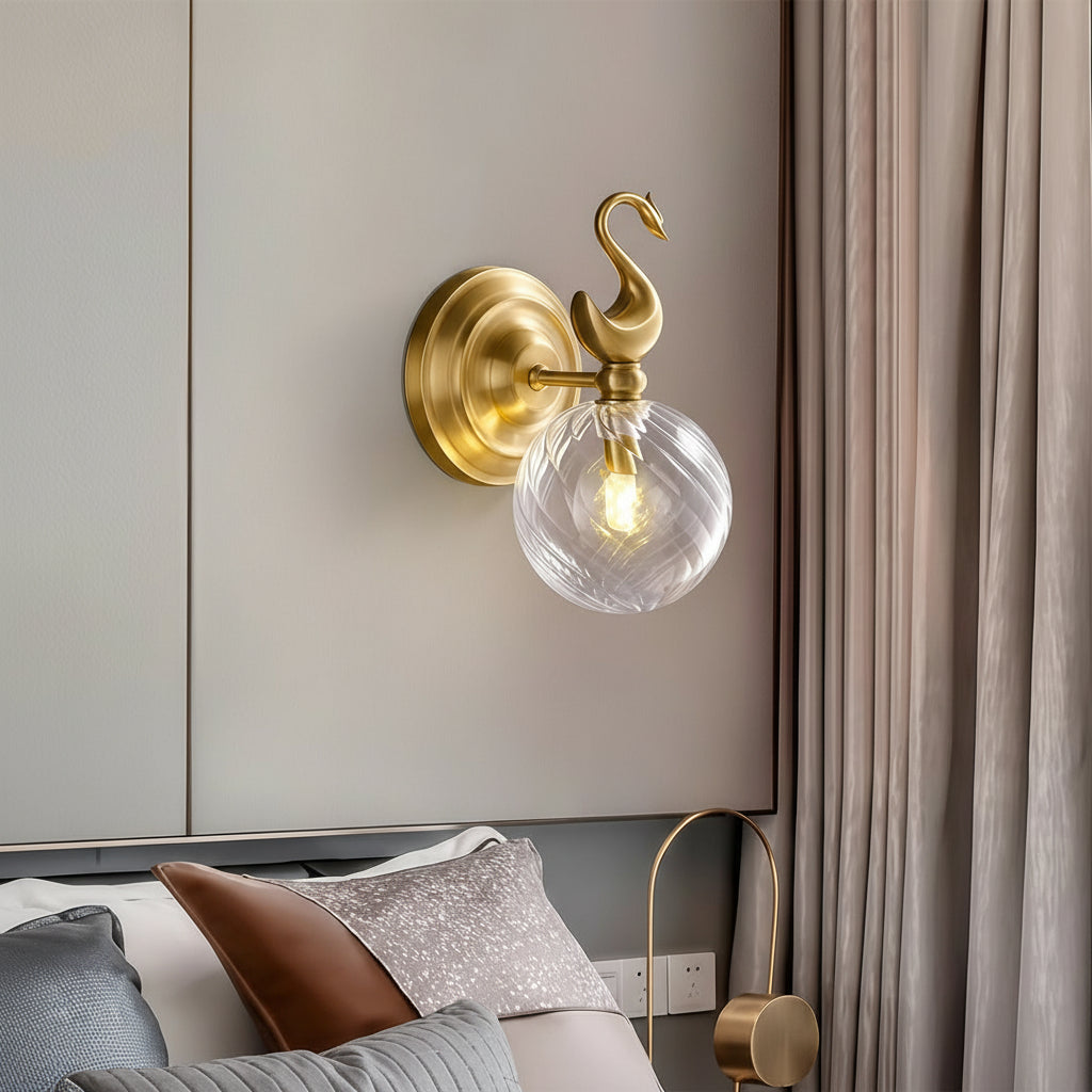 Freyza - LED Wall Sconce – Swan Motif Brass Swirl Glass G9 (23cm / 9in)