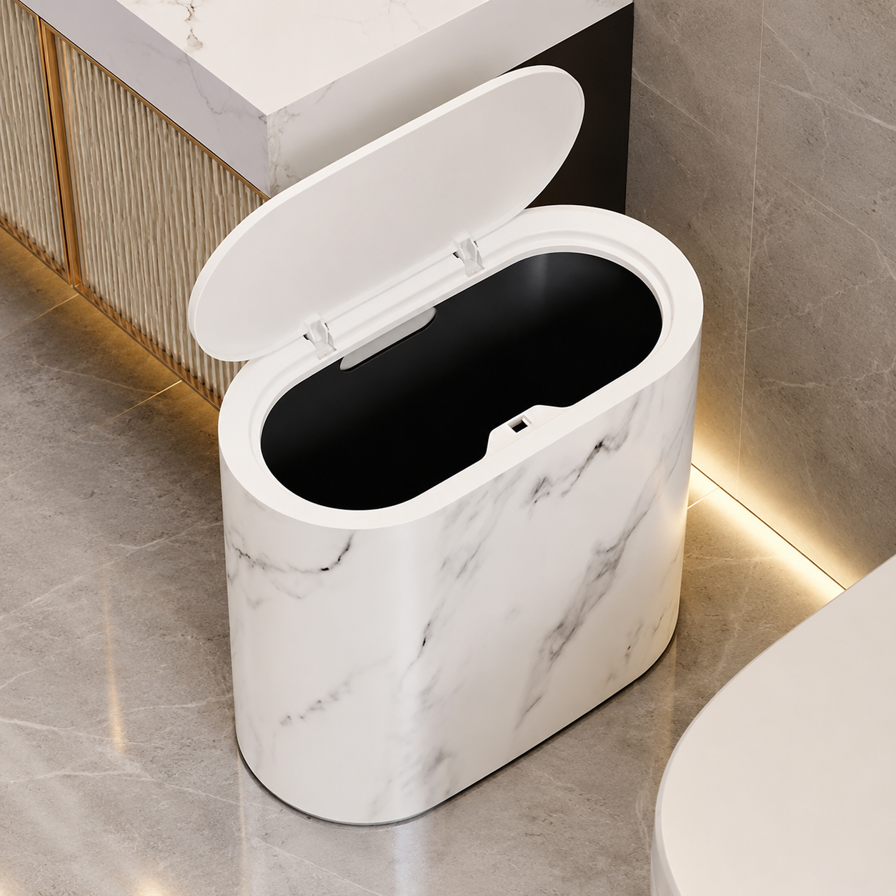 Trash Can with Lid, Marble Finish | Oval Slim Bathroom & Kitchen Bin