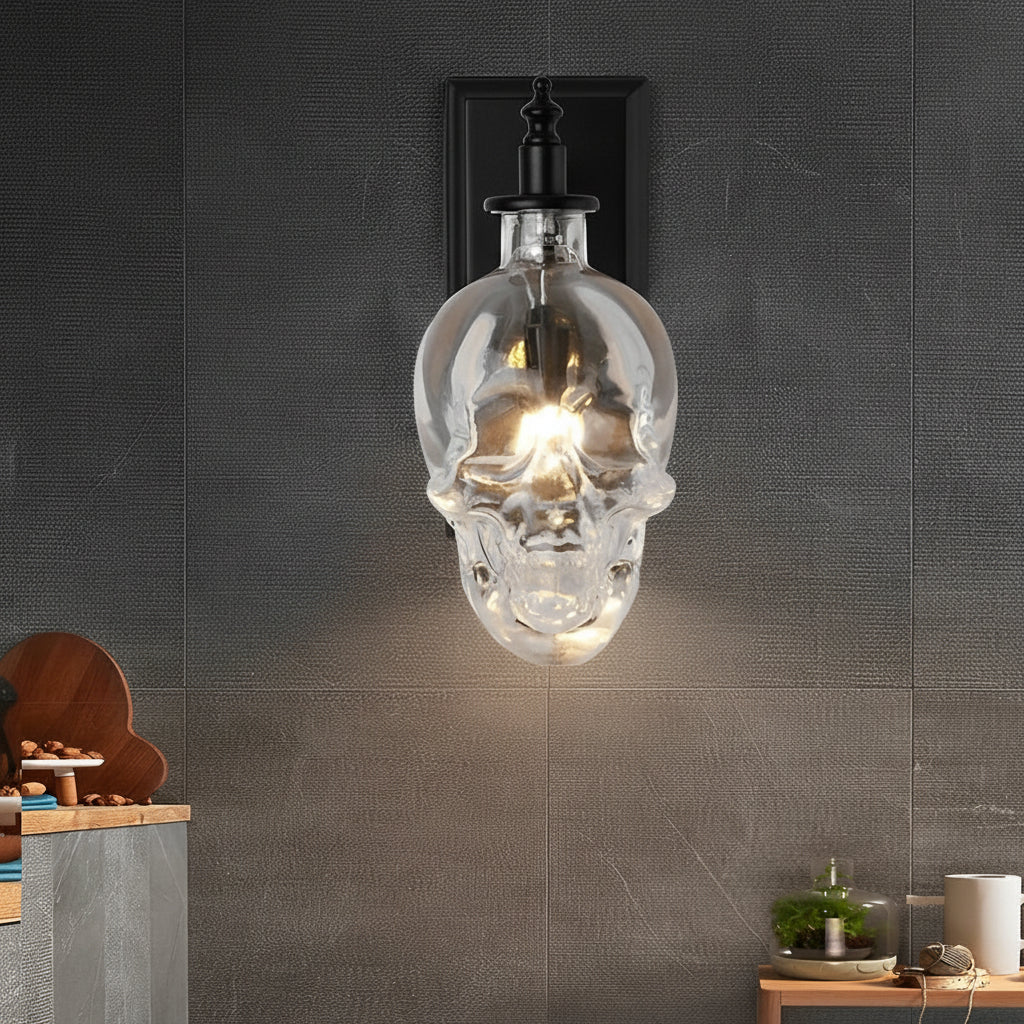 Freyza - Gothic Glass Skull Wall Sconce – Industrial Retro Iron Wall Lamp & Art Decor (E14)