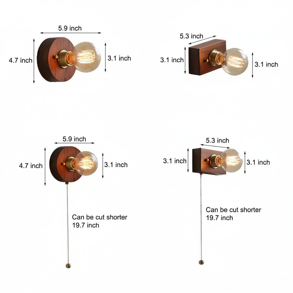Freyza - Mid-Century Walnut Wood Wall Sconce – Vintage Bedside Wall Lamp with Pull Chain (E27)