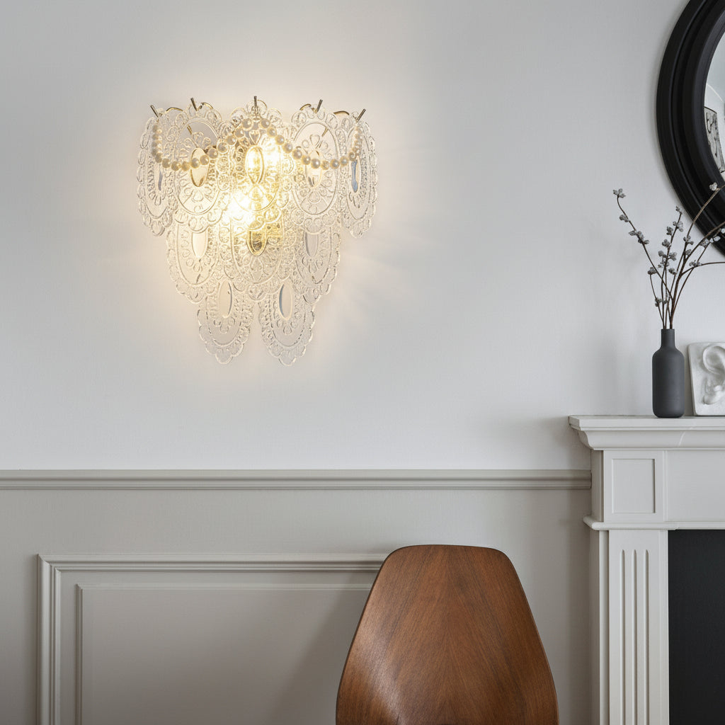 Freyza - Glass Wall Sconce – French Leaf Feather Pearl Gold (E14 Dimming & 31x34cm)