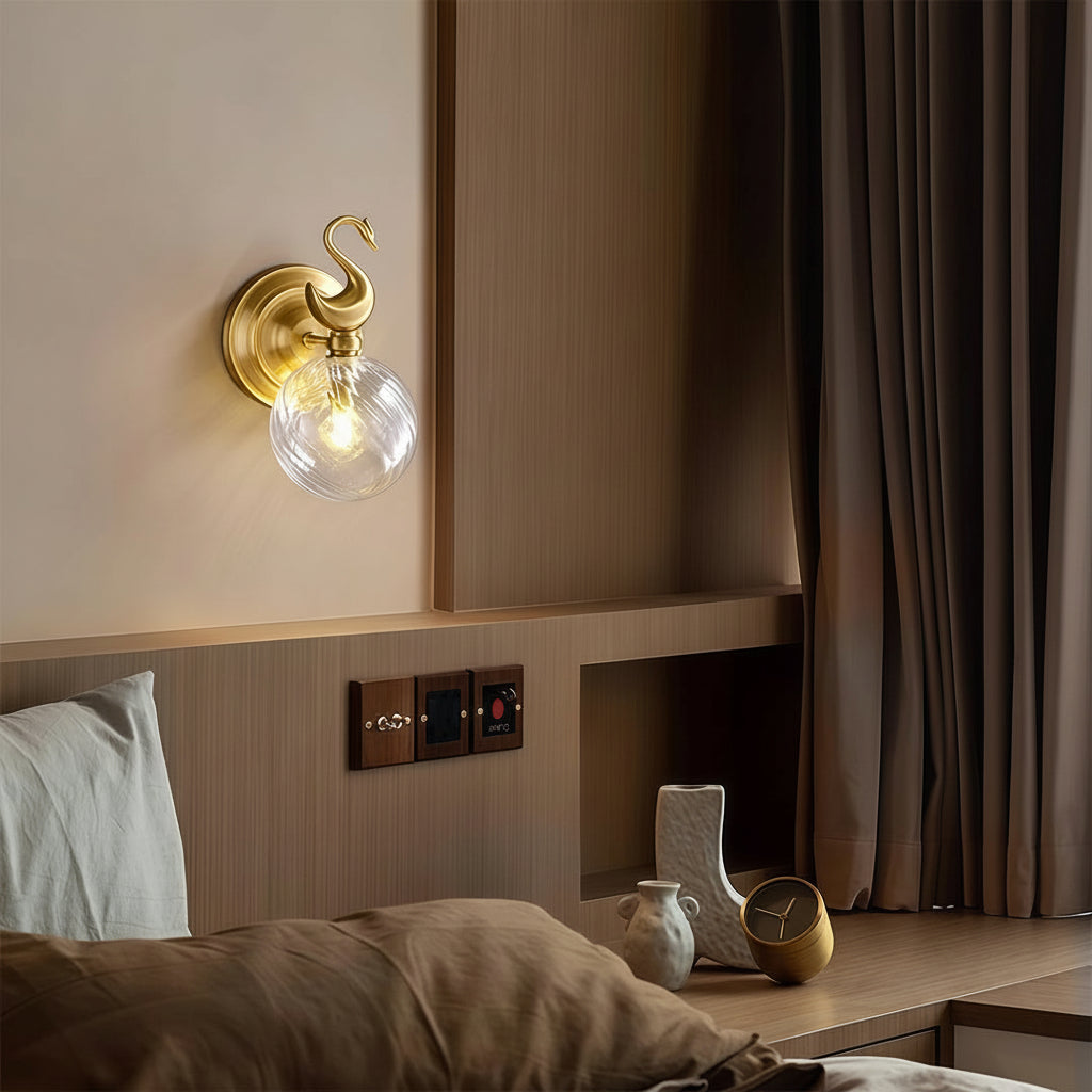 Freyza - LED Wall Sconce – Swan Motif Brass Swirl Glass G9 (23cm / 9in)