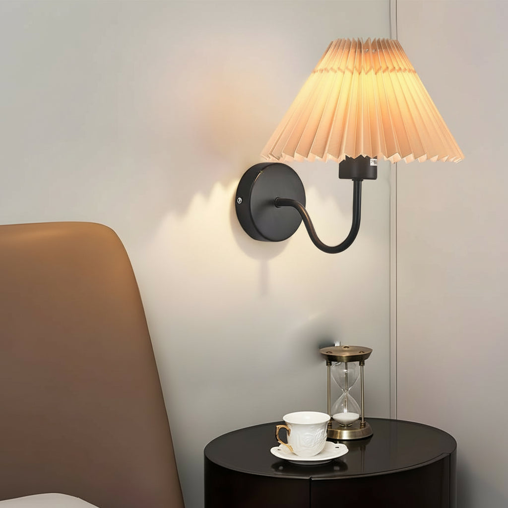Freyza - LED Wall Sconce Light – Vintage Metallic Armed Pleated Fabric Shade (36x14cm / 14.2x5.5in)