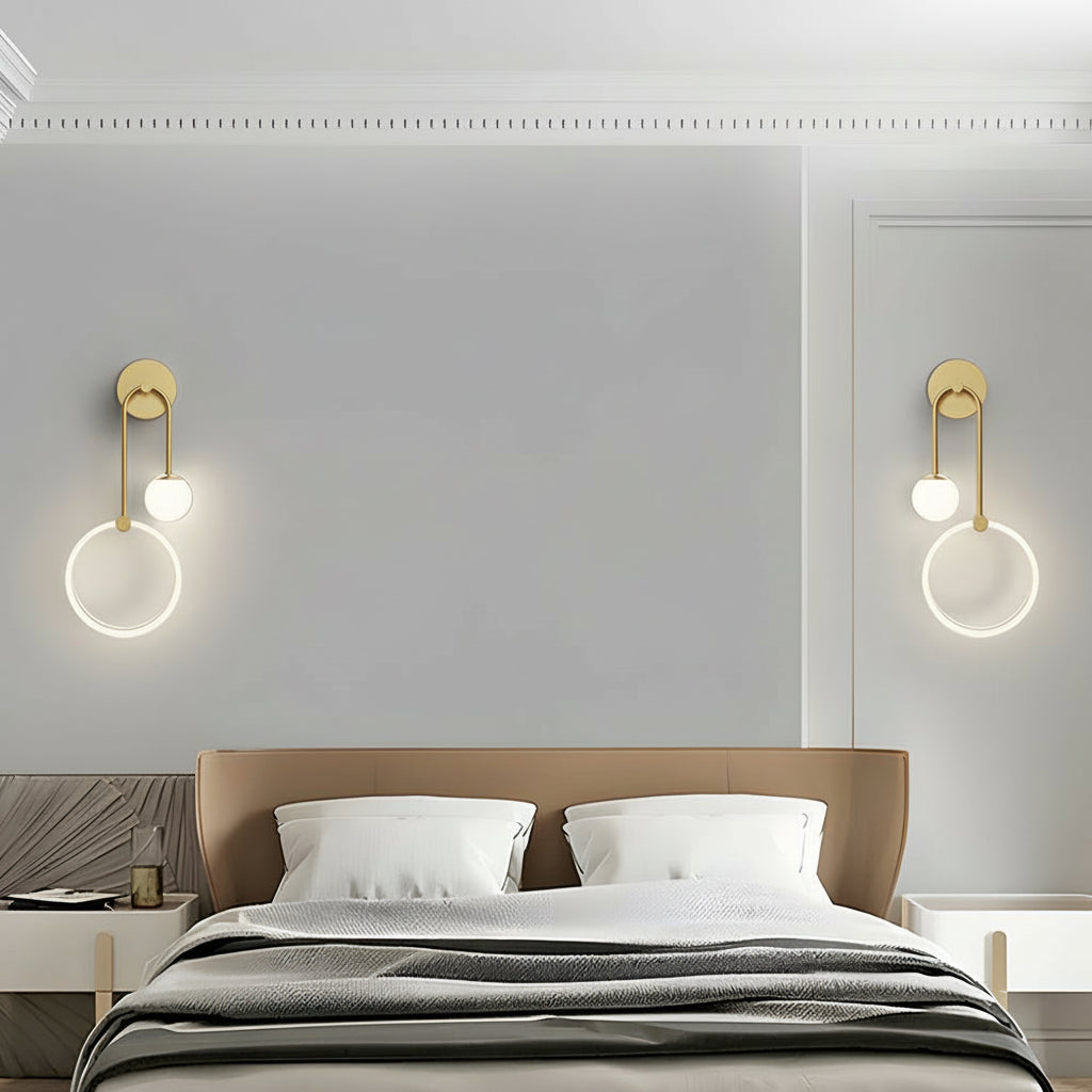 Freyza - LED Wall Sconce Light – Modern 2-Light Gold Acrylic Ring Frosted Globe (45x23cm / 17.7x9.1in)