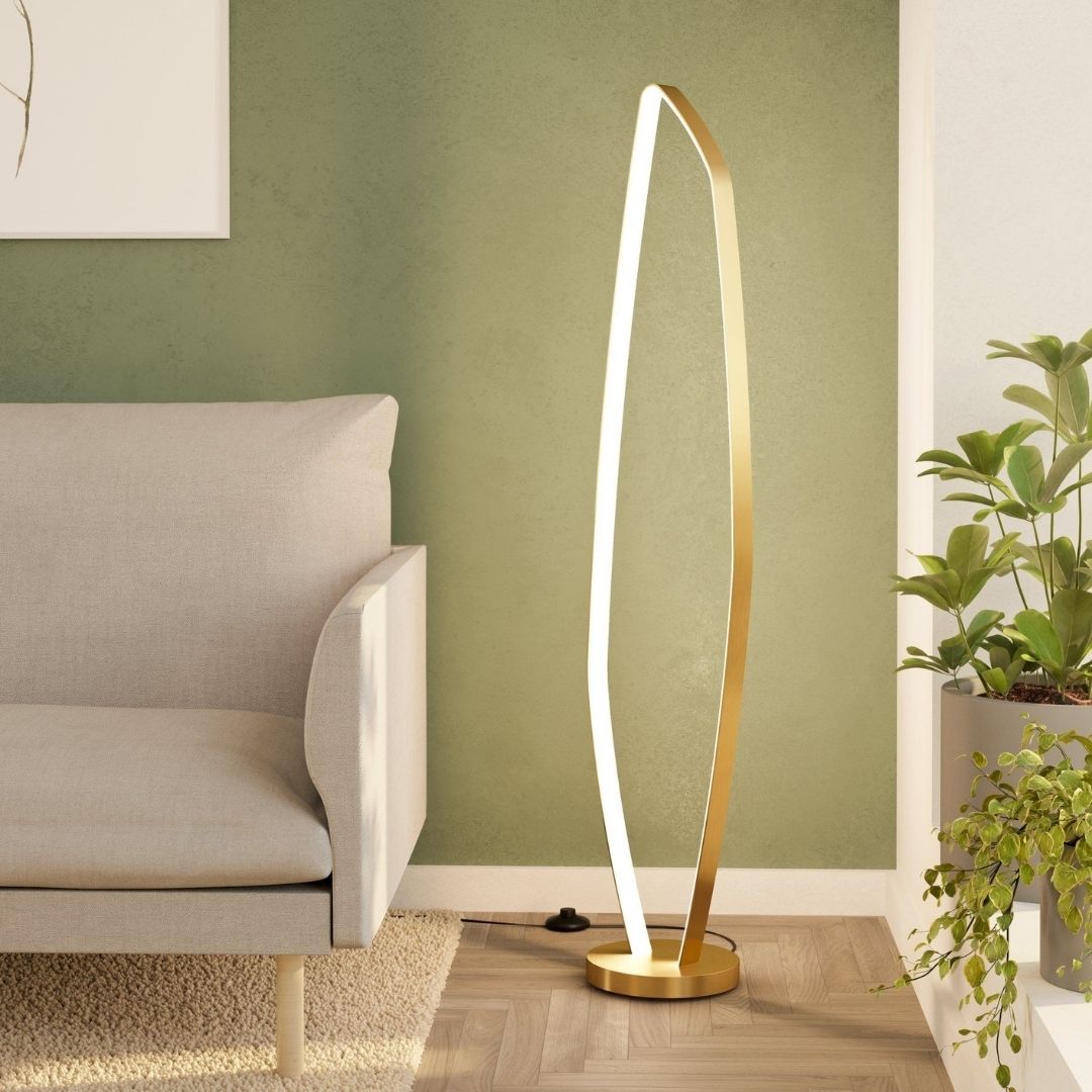 Freyza - LED Gold Floor Lamp | Elegant Organically Shaped Brushed Brass Upright | Warm White Modern Standing Light with Foot Switch