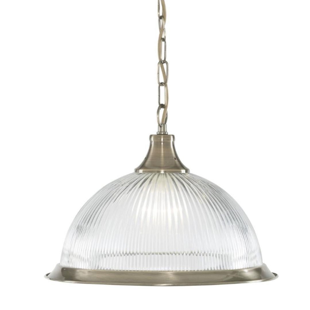 Freyza – American Diner Antique Brass Pendant Ceiling Light | Ribbed Clear Glass Single Light Fixture