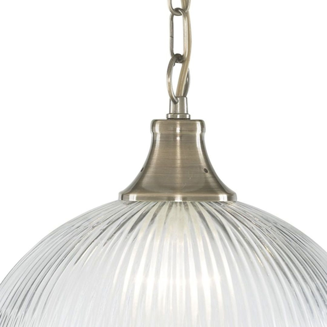 Freyza – American Diner Antique Brass Pendant Ceiling Light | Ribbed Clear Glass Single Light Fixture