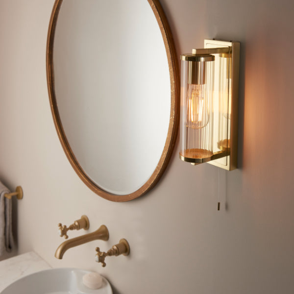 Freyza – Satin Brass IP44 Bathroom Wall Light | 315 mm Satin Brass Wall Sconce with E27 Bulb Fitting
