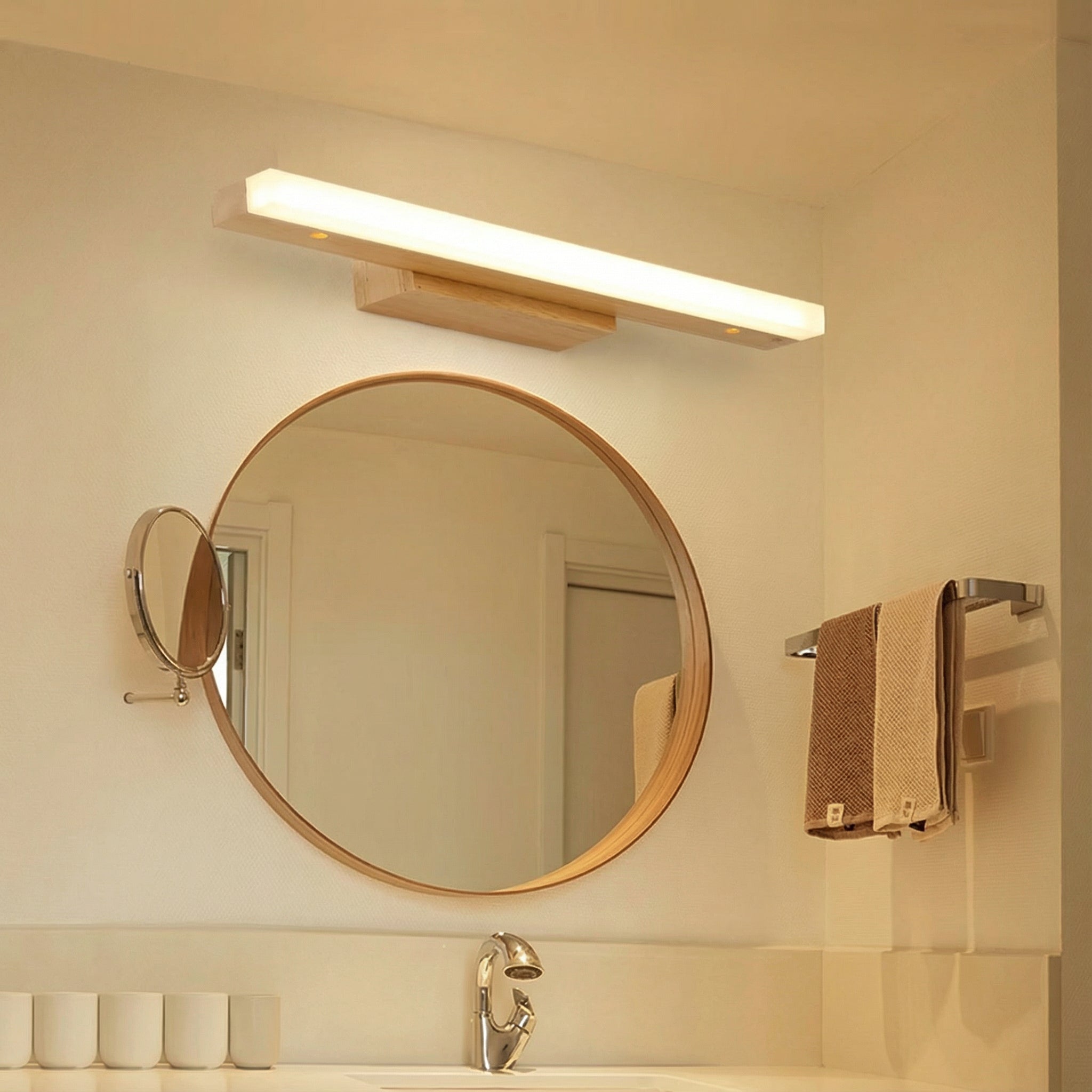 Freyza - Wall Light Modern Nordic LED Natural Wood Acrylic Vanity Mirror 40cm