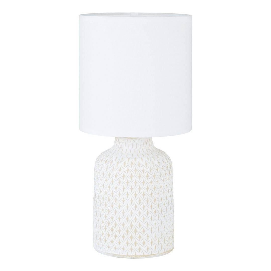 Freyza – Cream Ceramic Table Lamp with White Fabric Shade | Indoor Lighting Fixture with Sculpted Base