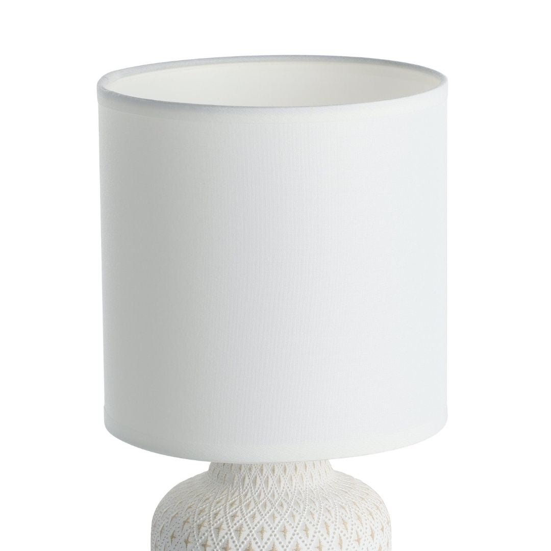 Freyza – Cream Ceramic Table Lamp with White Fabric Shade | Indoor Lighting Fixture with Sculpted Base