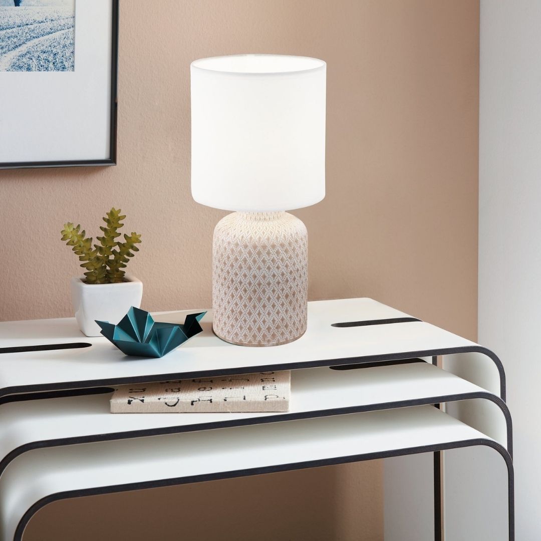 Freyza – Cream Ceramic Table Lamp with White Fabric Shade | Indoor Lighting Fixture with Sculpted Base