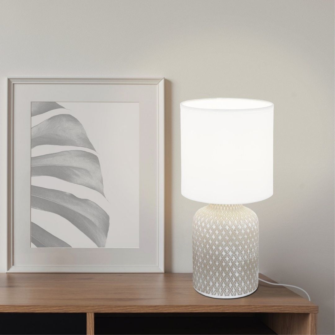 Freyza – Grey Ceramic Table Lamp with White Fabric Shade | Indoor Lighting Fixture with Elegant Base