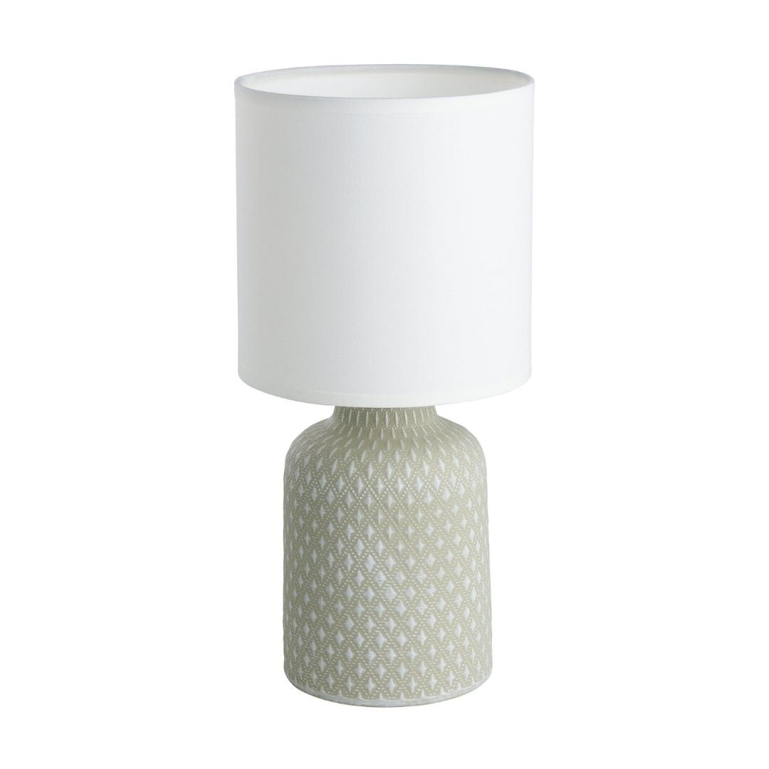 Freyza – Grey Ceramic Table Lamp with White Fabric Shade | Indoor Lighting Fixture with Elegant Base
