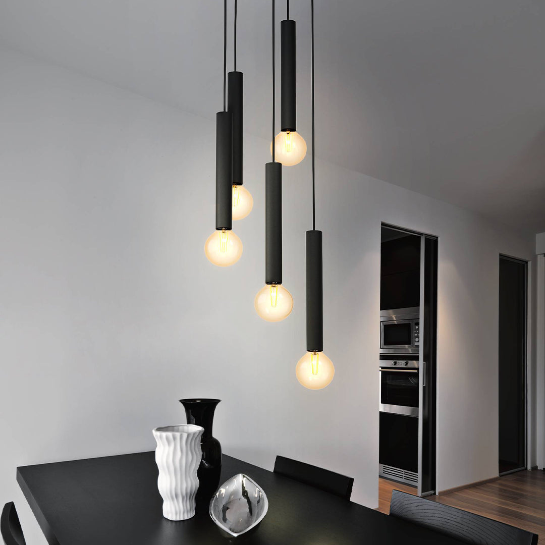 Freyza – 5-Light Matt Black Pendant Ceiling Light | 150 cm Adjustable Hanging Fixture with 5×E27 Bulb Fittings